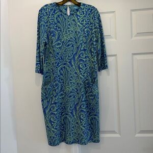 J. McLaughlin Sophia Blue and Green Leaf Print Dress